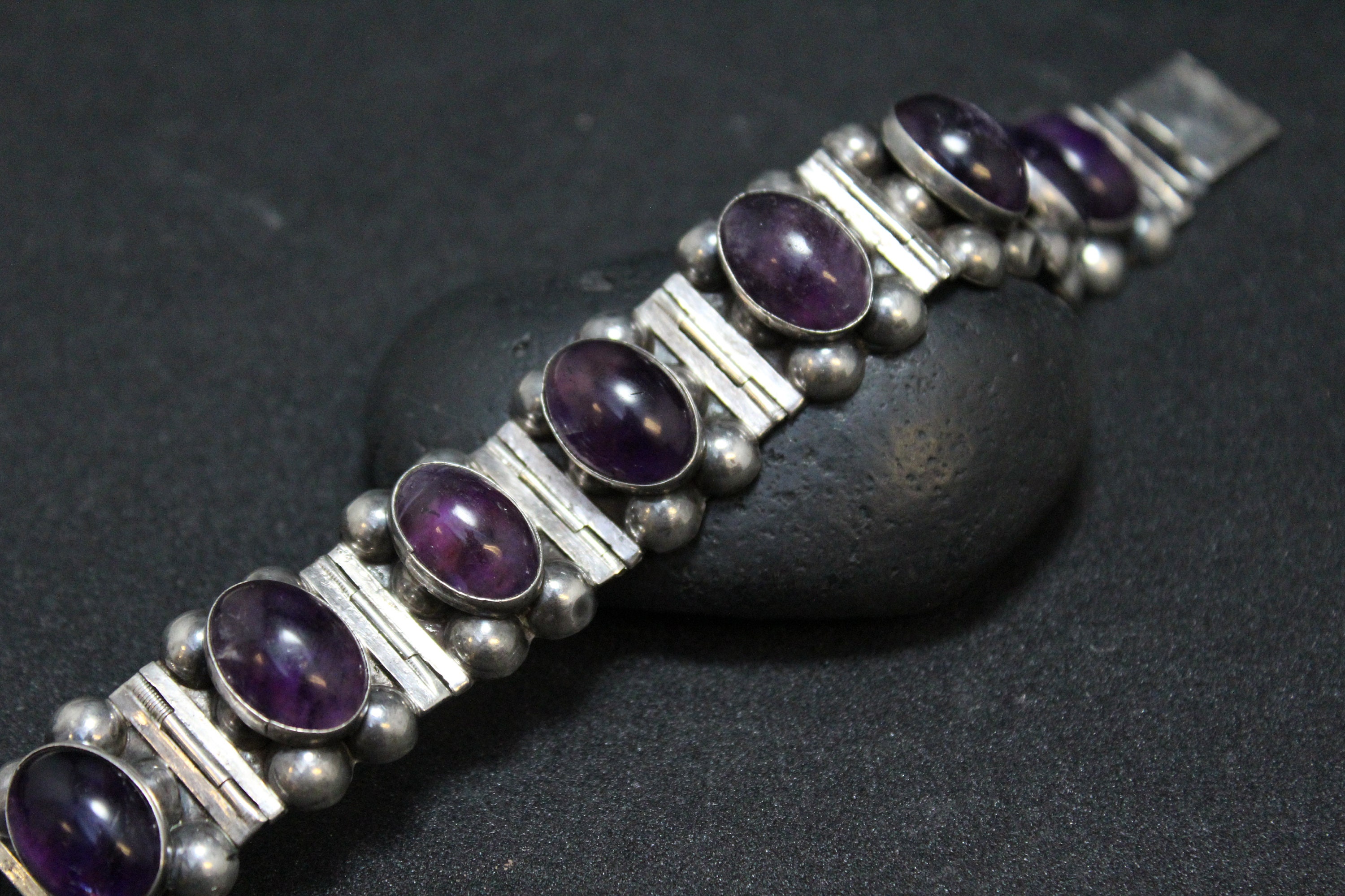 Early Sterling Silver Signed Mexican Amethyst Link Bracelet, Sterling