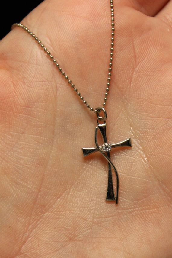 Simple Sterling Silver CZ Cross Necklace, Dainty … - image 6
