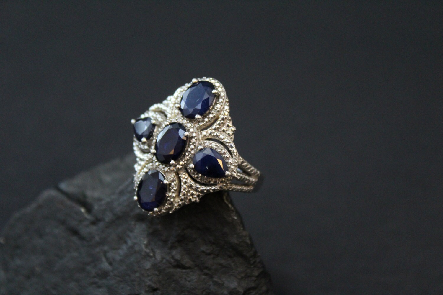 Large Sterling Silver and Sapphire Gemstone Cocktail Ring
