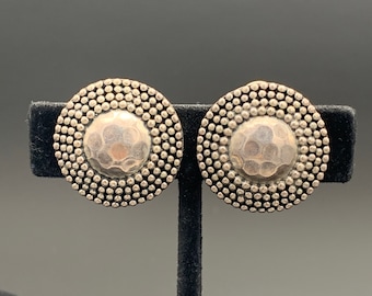 Icaria Designer 925 Earrings, Vintage Round Beaded Earrings, Vintage Hammered Silver, Clip On Ladies Earrings, Collectible Sterling Earrings