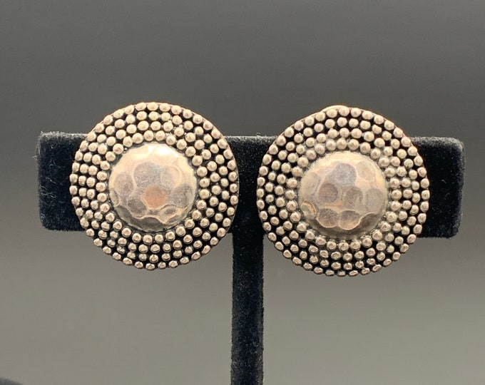 Icaria Designer 925 Earrings, Vintage Round Beaded Earrings, Vintage Hammered Silver, Clip On Ladies Earrings, Collectible Sterling Earrings