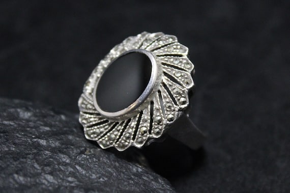 Sterling Silver Art Deco Onyx and Marcasite Cocktail Ring Size 9, Sterling Silver Onyx Ring, Onyx Jewelry, Art Deco, Onyx Cocktail Ring