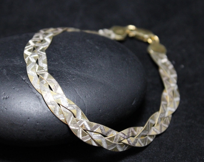 Sterling Silver Gold Toned Italian Braided Chain Bracelet, Italian Silver Braided Bracelet, Flat Braided Bracelet, Italian Silver Jewelry