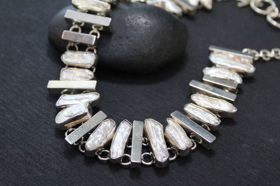 Sterling Silver and Pearl Statement Necklace, Sterling Statement Necklace, Sterling Silver Pearl Jewelry, Large Modernist Pearl Necklace
