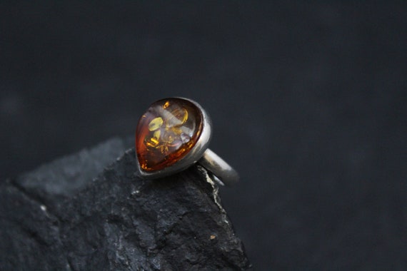 AS IS Sterling Silver Modern Amber Ring, Sterling Silver Amber Teardrop Ring, Simple Amber Ring, Minimalist Amber, Sterling Amber Jewelry
