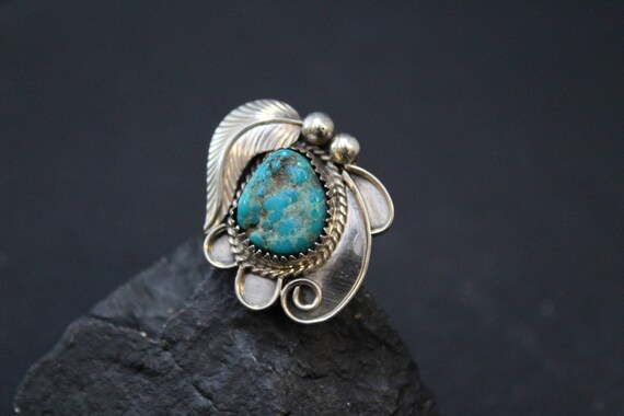 Sterling Silver Statement Ring,  Turquoise Leaf R… - image 1