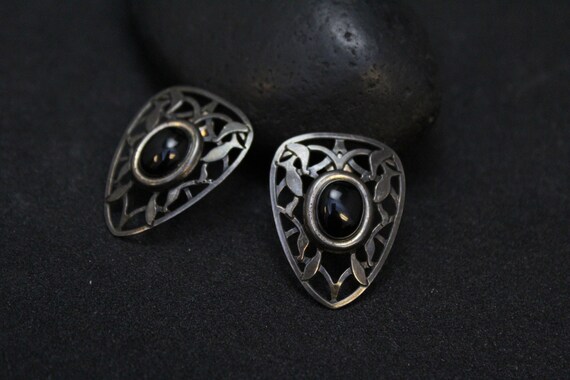Sterling Silver Modern Onyx Filigree Earrings, Modernist Sterling Silver Earrings, Sterling Onyx Earrings, Boho Sterling Onyx Earrings