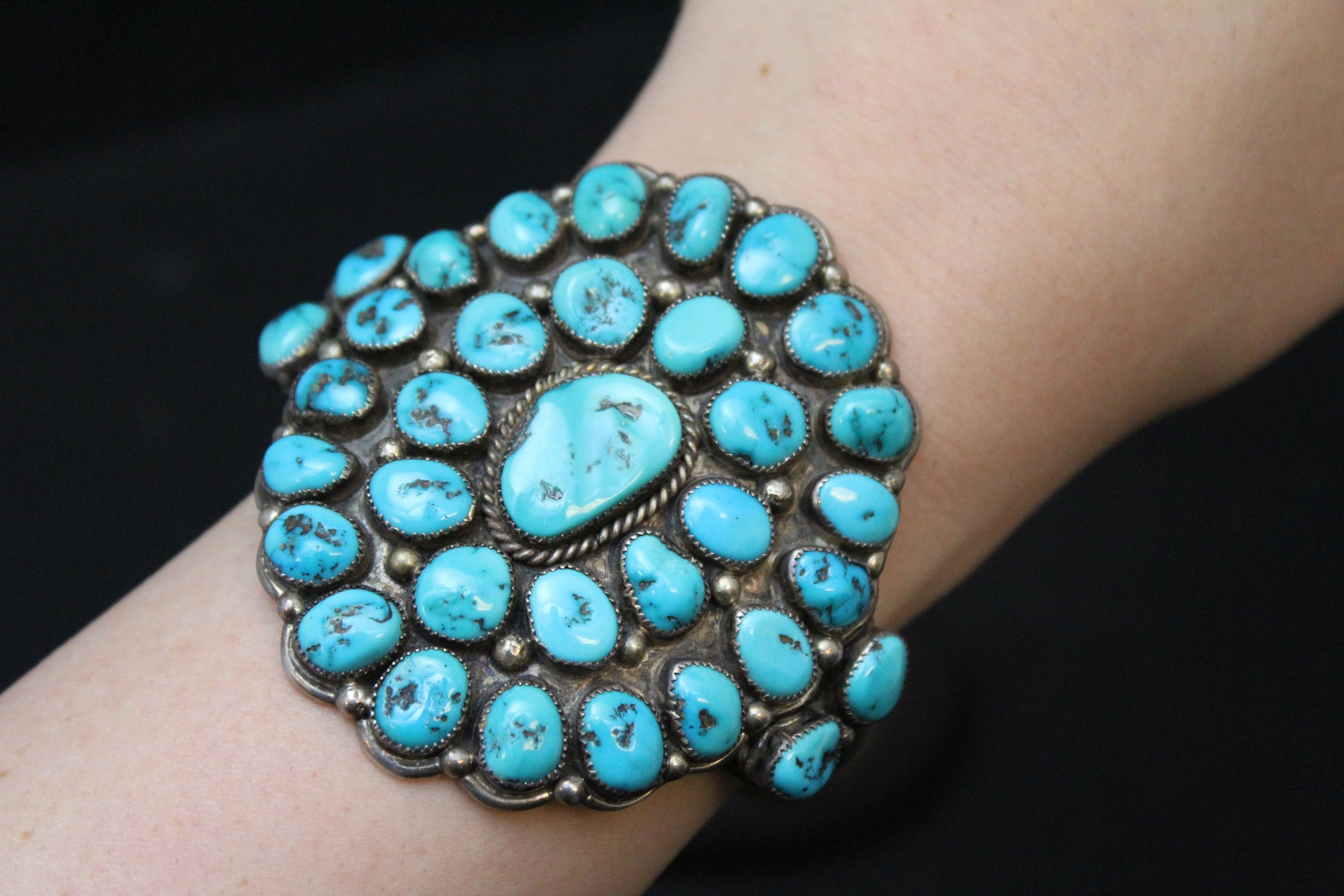 Sterling Silver Old Pawn Native American Navajo Turquoise Cluster Cuff ...