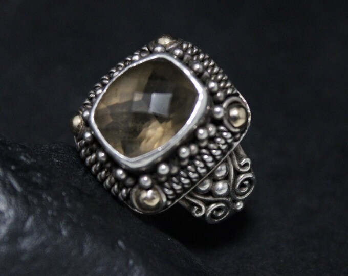 Sterling Silver and 18K Yellow Gold Accented Smokey Quartz Wide Balinese Granulation Ring Size 6, Smokey Quartz Jewelry, Silver Gold Ring