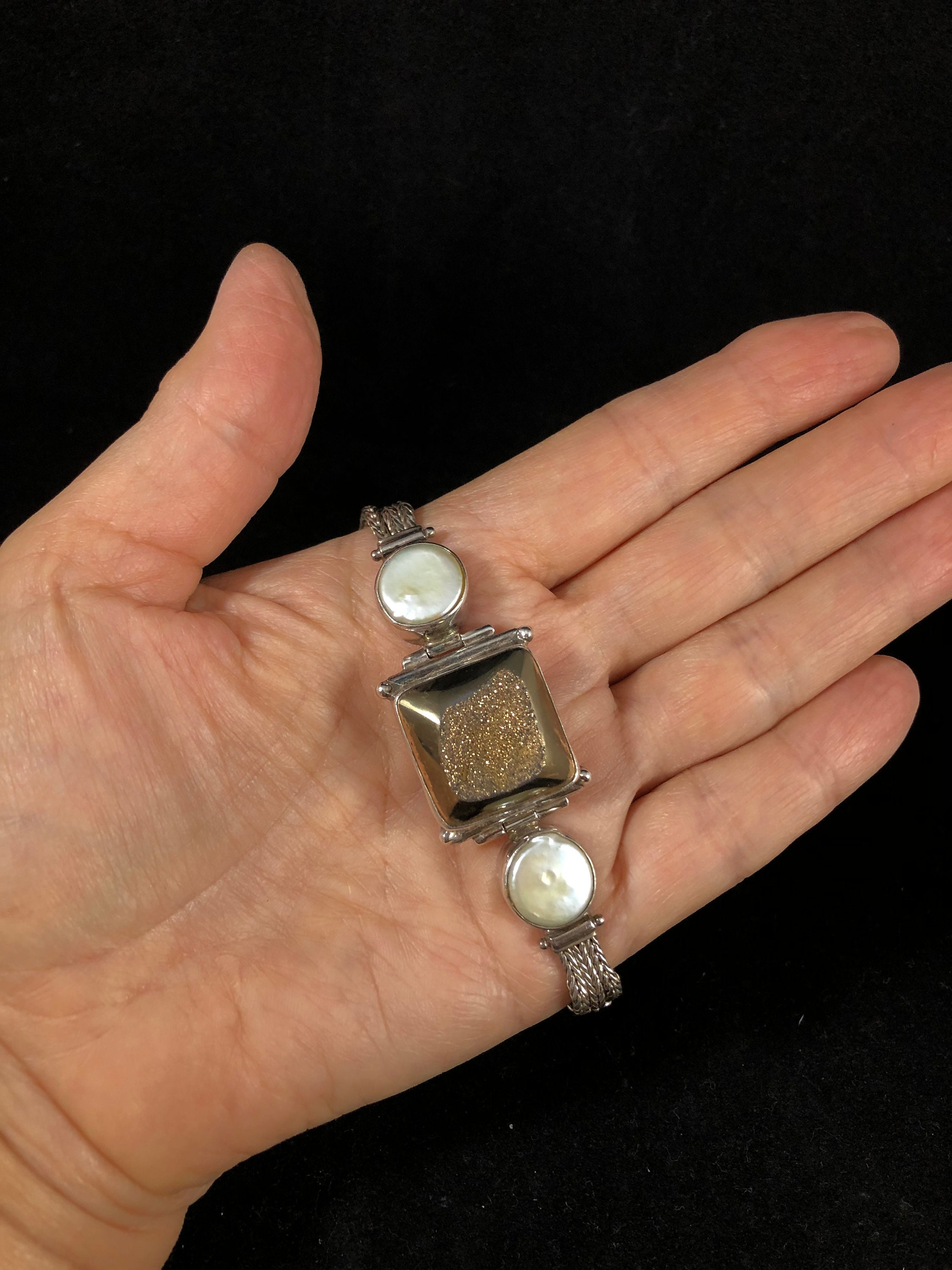 Sterling Silver Sajen Bracelet with Window Druzy Gemstone and