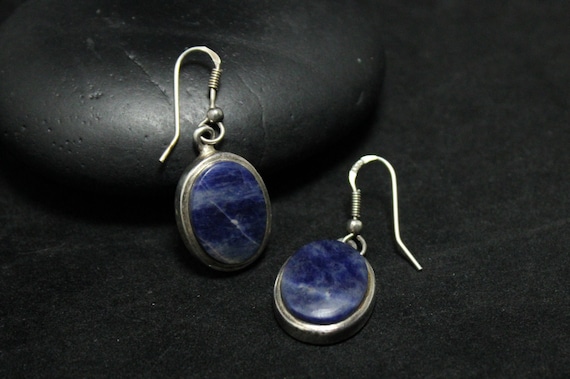 Sterling Silver Mid Century Oval Sodalite Earrings, Sterling Sodalite Jewelry, Sterling Silver Blue Earrings, Mid Century Modern Sterling