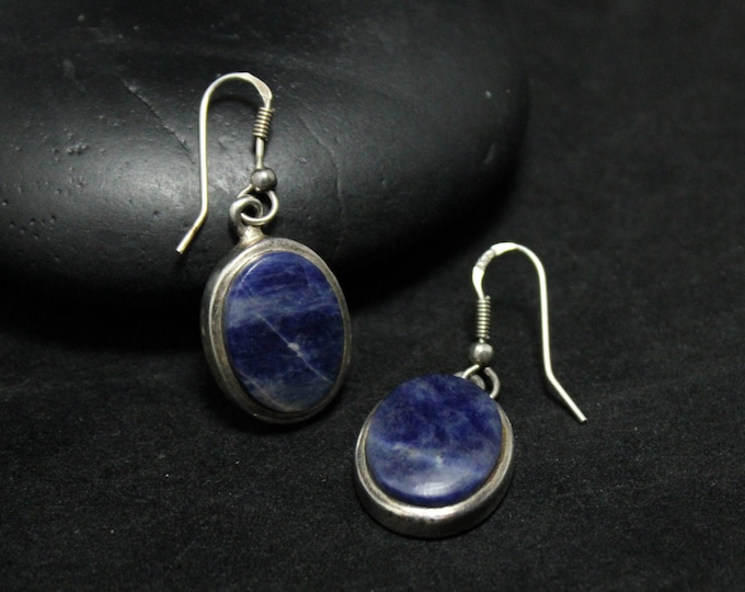 Sterling Silver Mid Century Oval Sodalite Earrings, Sterling Sodalite Jewelry, Sterling Silver Blue Earrings, Mid Century Modern Sterling