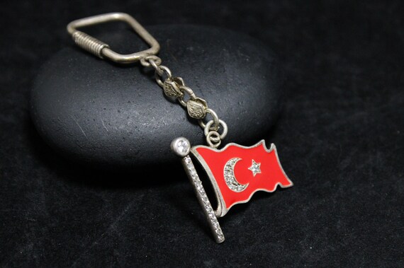 Sterling Silver Turkish Flag Key Chain With Red Enamel and Cubic Zirconia, Turkey Flag Jewelry, Crescent Moon and Star Flag Key Ring
