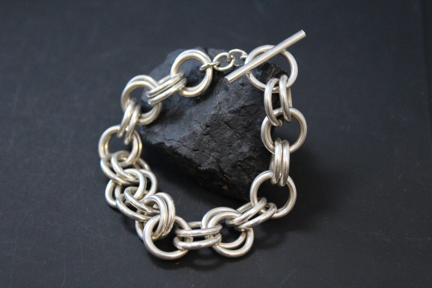 Large Sterling Silver Rolo Double Link Bracelet with Toggle Clasp
