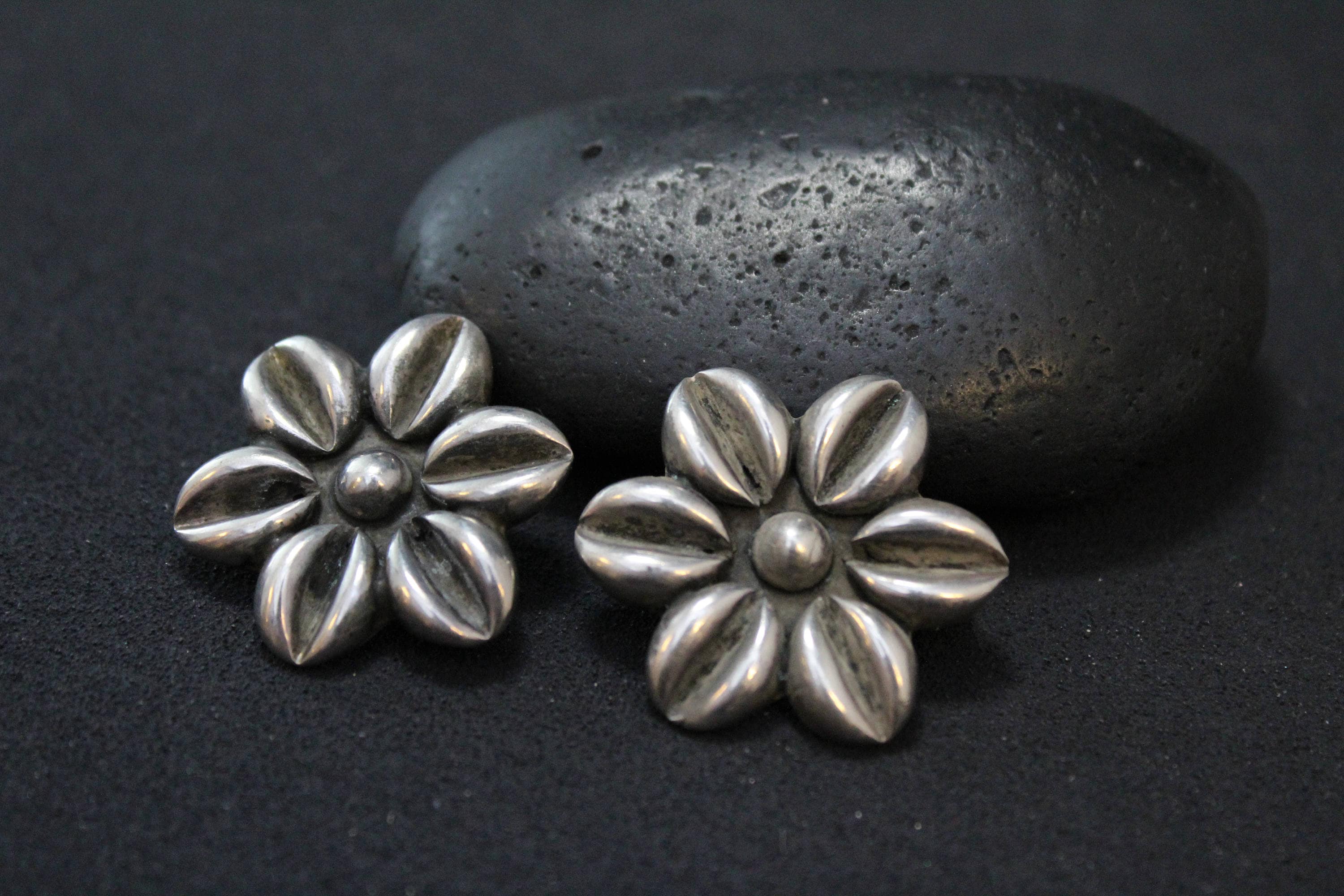 Sterling Silver Flower Clip On Earrings, Large Sterling Flower Earrings