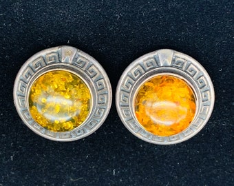 Circle Amber Earrings, Round Amber Earrings Set, Vintage 925 Sterling Silver Ladies Earrings With Natural Amber Gemstones