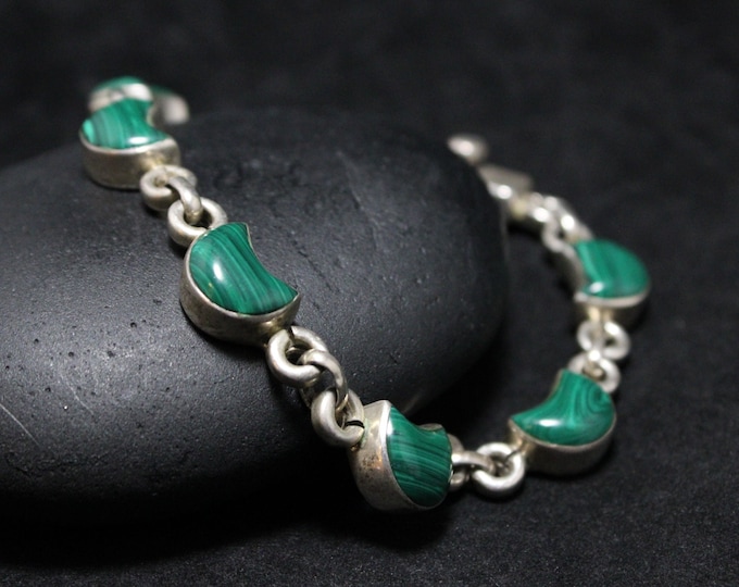 Sterling Silver TAXCO Malachite Moon Link Bracelet, Malachite Jewelry, Sterling Malachite Bracelet, Silver Taxco Bracelet, Moon Jewelry