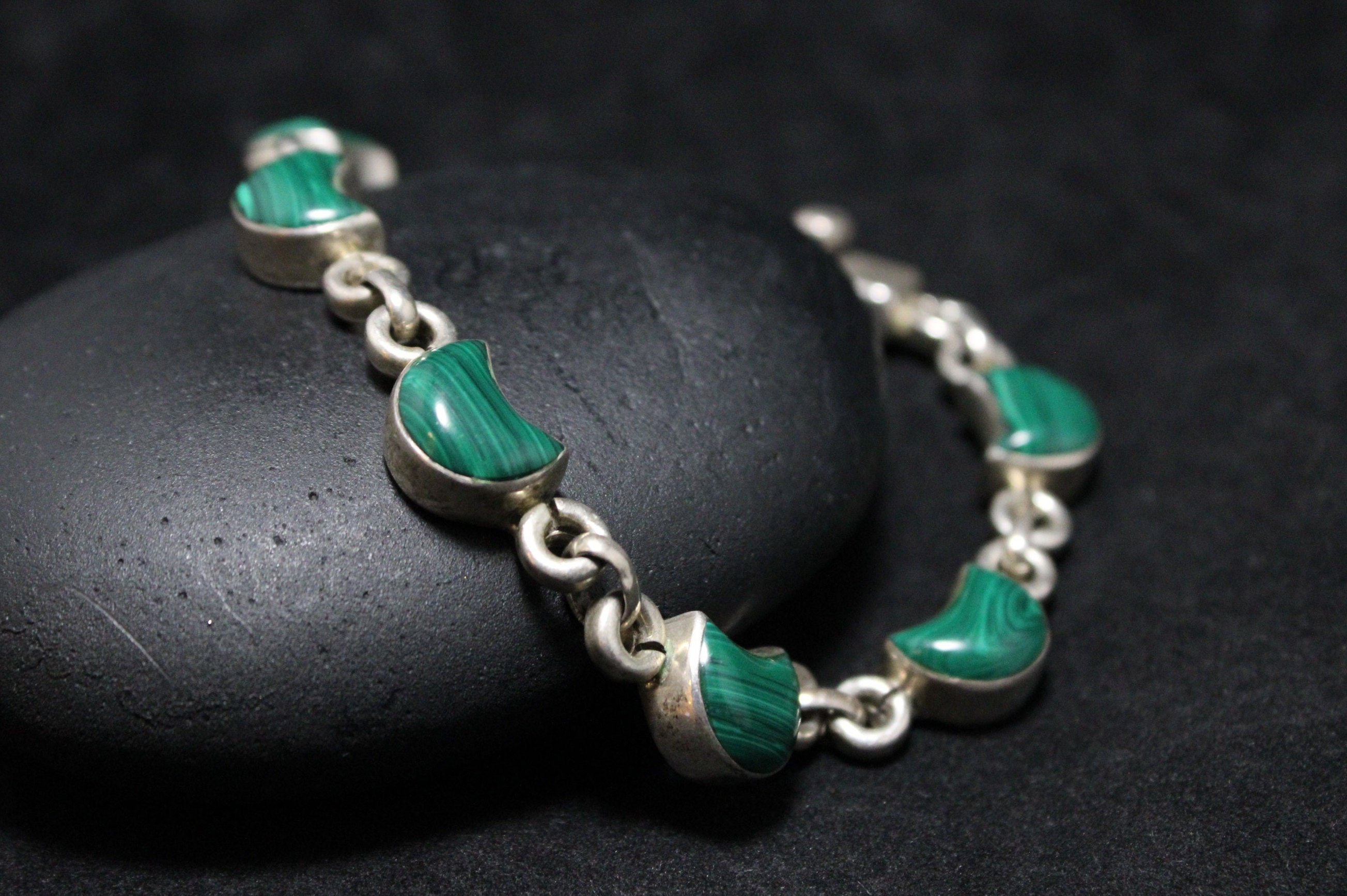 Sterling Silver TAXCO Malachite Moon Link Bracelet Malachite
