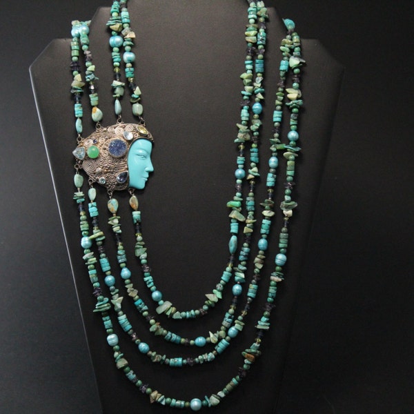 Multi Strand SAJEN tallado collar de la diosa de perlas de plata de ley con Perla de color turquesa, amatista y teñida
