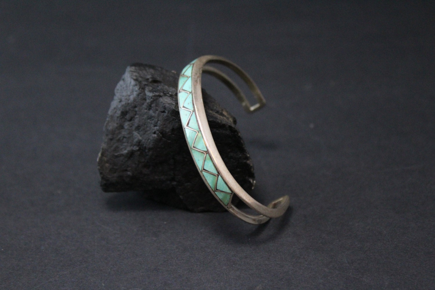 Sterling Silver Signed MLK Turquoise Native American Inlay Cuff Bracelet