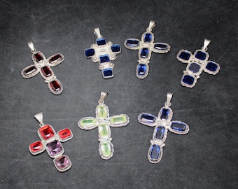 VTG 925 Colorful Stone Cross Pendant, Unique Sterling Silver Catholic Jewelry, 7 Design Options, Large Statement Charms