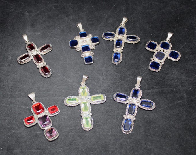 VTG 925 Colorful Stone Cross Pendant, Unique Sterling Silver Catholic Jewelry, 7 Design Options, Large Statement Charms