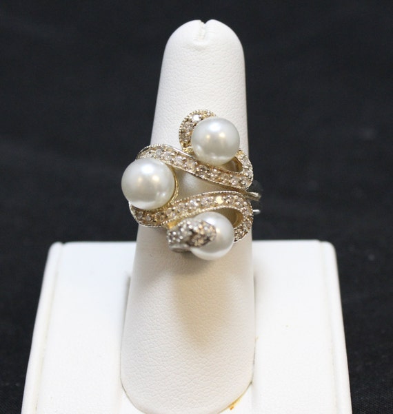 Sterling Silver Pearl and CZ Snake Ring, Sterling… - image 3