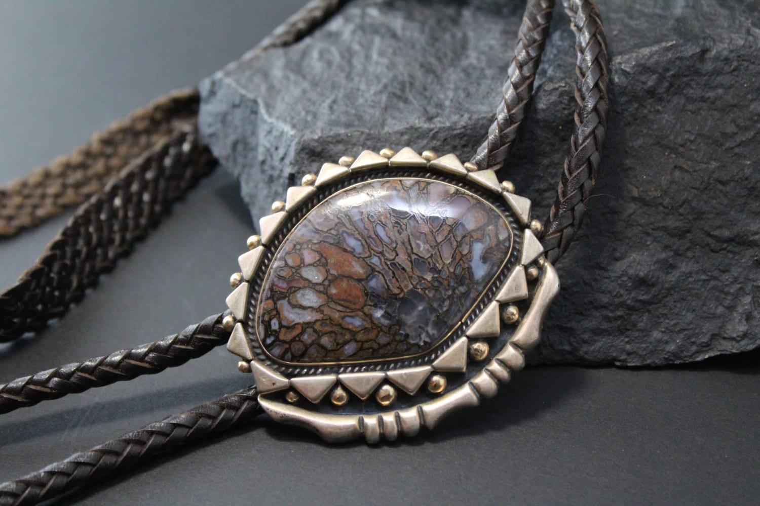 Important Vintage Native American Navajo Turquoise Dinosaur Fossil Sterling Silver Bolo Tie Important Vintage Native American Navajo Turquoise Dinosaur Fossil Sterling Silver Bolo Tie