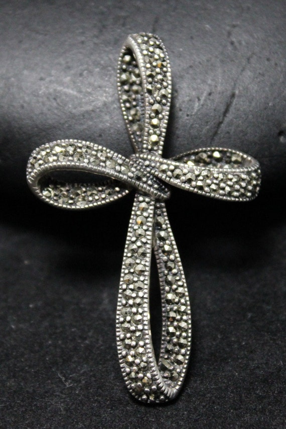 Sterling Silver Marcasite Cross Pendant, Marcasit… - image 2