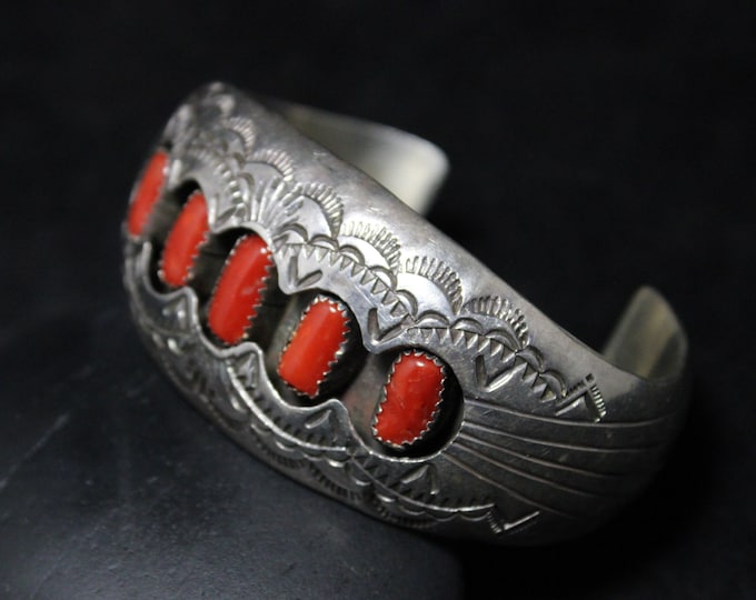 Vintage Pauline Benally Sterling Silver Coral Cuff Bracelet Hand Stamped, Coral Cuff Bracelet, Benally Sterling Jewelry