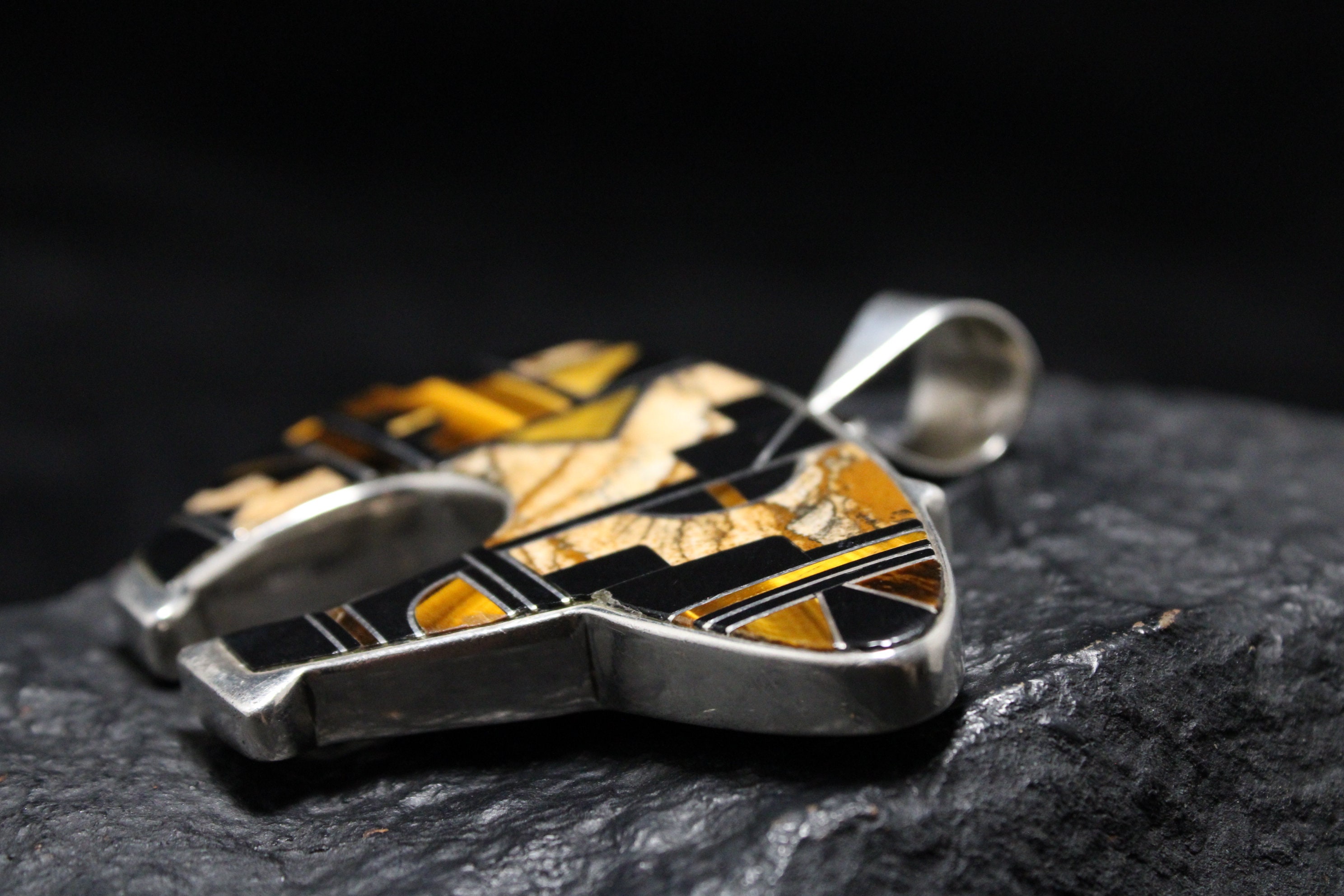 Sterling Silver Navajo Bear Pendant, Tigers Eye Jasper Onyx Stone Inlay ...