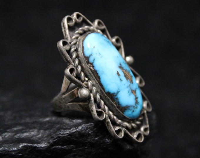 Sterling Silver Natural Turquoise Long Vintage Statement Ring with Rope Border, American Southwest Turquoise Ring, Vintage Turquoise Ring