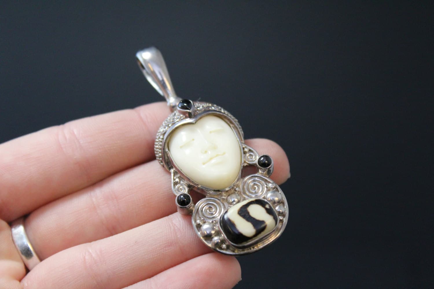 Sterling Silver Designer Signed SAJEN Carved Balinese Goddess Pendant