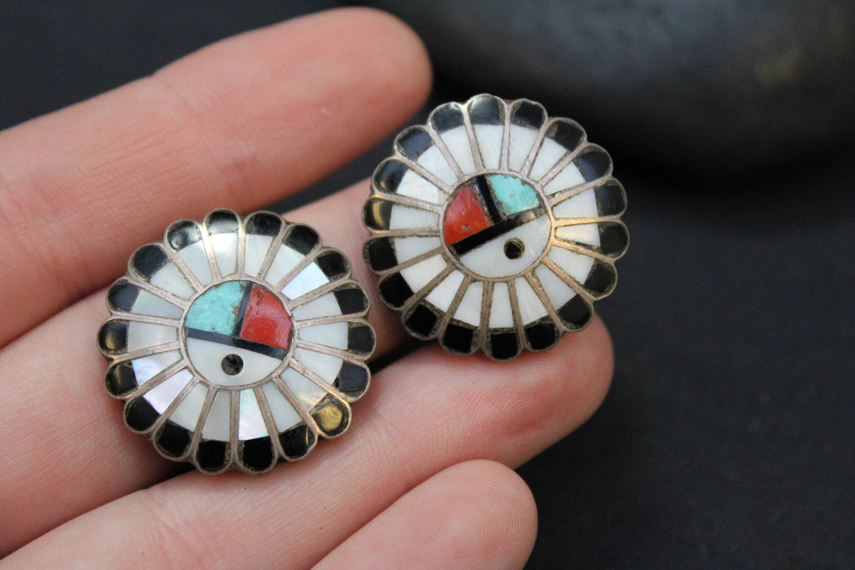 Sterling Silver Zuni Sun Clip On Earrings, Zuni Earrings, Sterling Zuni