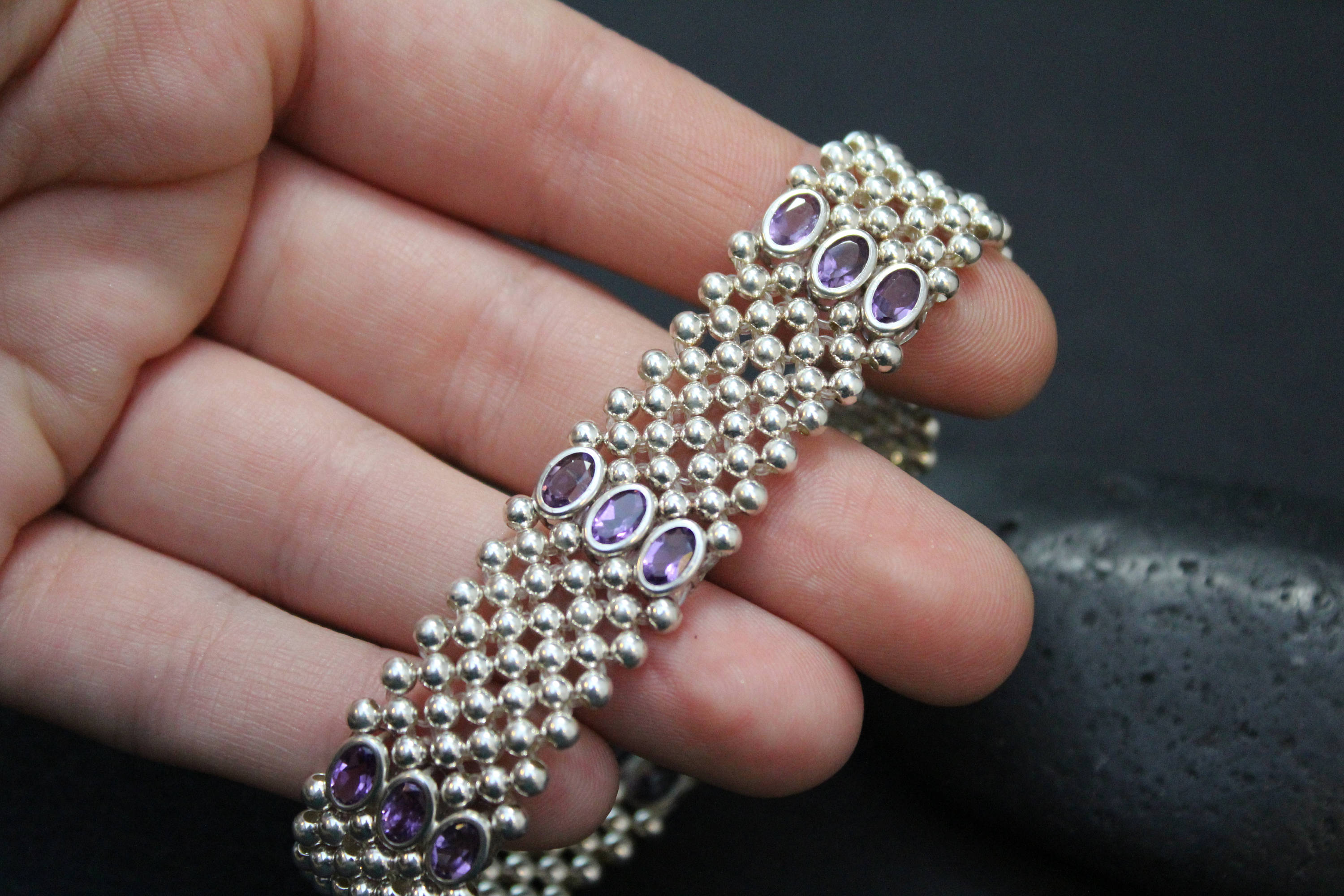 Sterling Silver and Amethyst Stretchy Beaded Bracelet, Amethyst Jewelry
