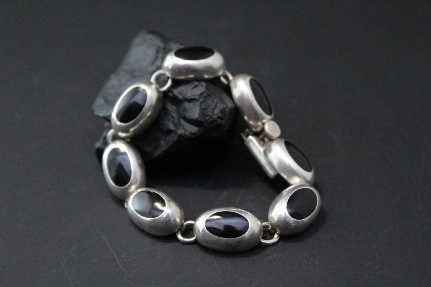 Sterling Onyx Taxco Link Bracelet, Mexican Silver Jewelry, Vintage