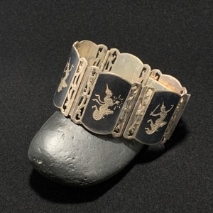 Vintage Sterling Silver Siamese Link Bracelet, Sterling Siam Niello Bracelet, Niello Link Bracelet, Large 925 Bracelet