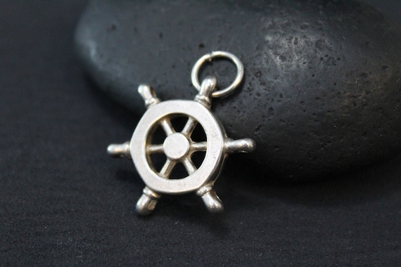Nautical Sterling Silver Ship Wheel Pendant, Capta
