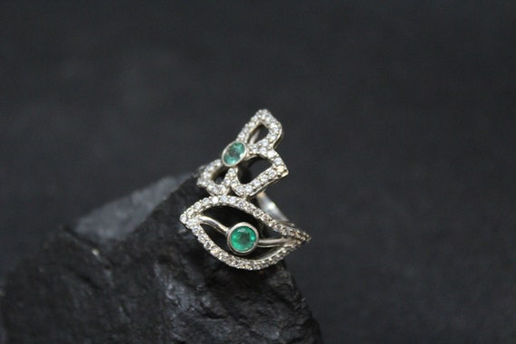 Sterling Silver Emerald and CZ Flower Ring, Floral