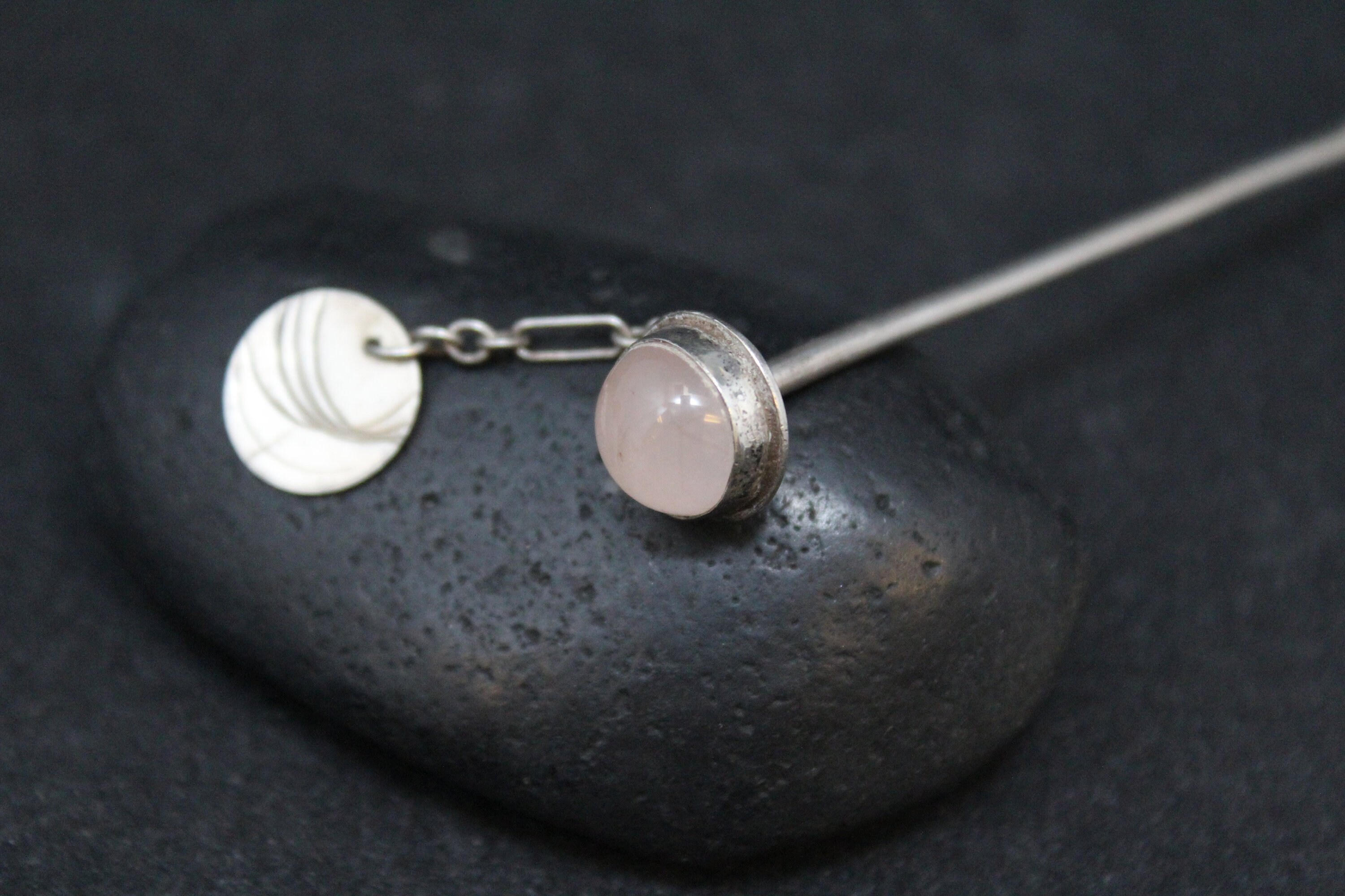 Sterling Silver Artisan Rose Quartz Hair Pin, Gemstone Hair Pick