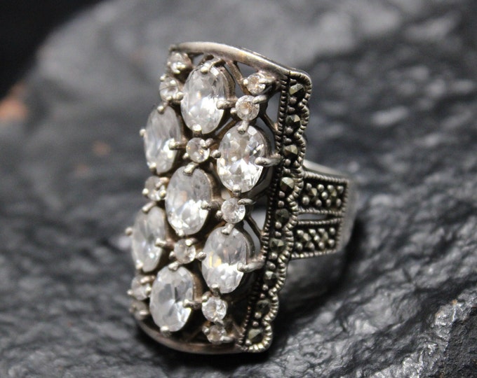 Sterling Silver CZ and Marcasite Statement Ring Size 7, Art Deco Cocktail Ring, CZ Statement Ring, Art Deco Sterling Silver Marcasite Ring,