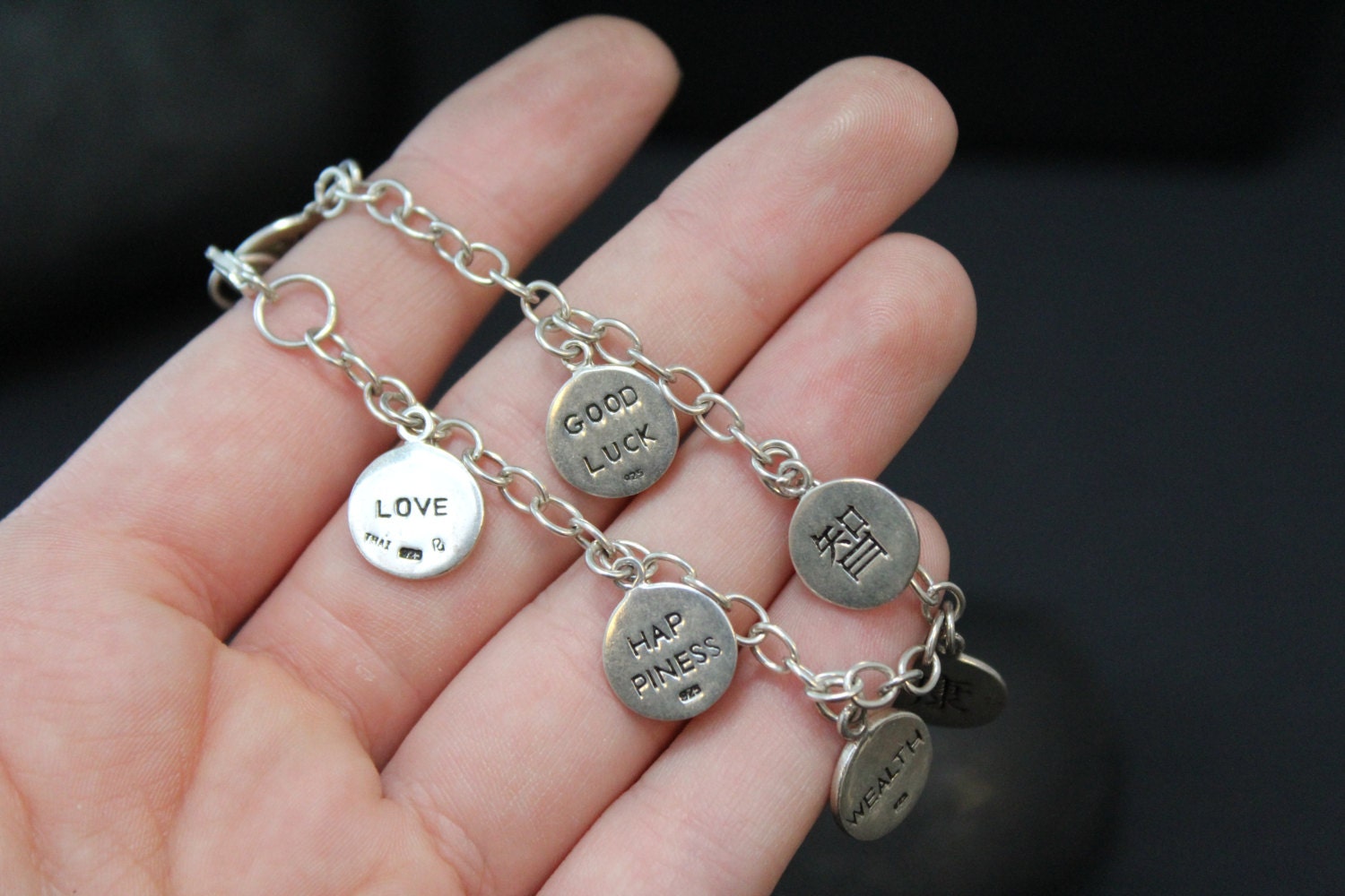 Sterling Silver Chinese Character 8 Charm Bracelet with Love, Wealth, Happiness, Health, Wisdom