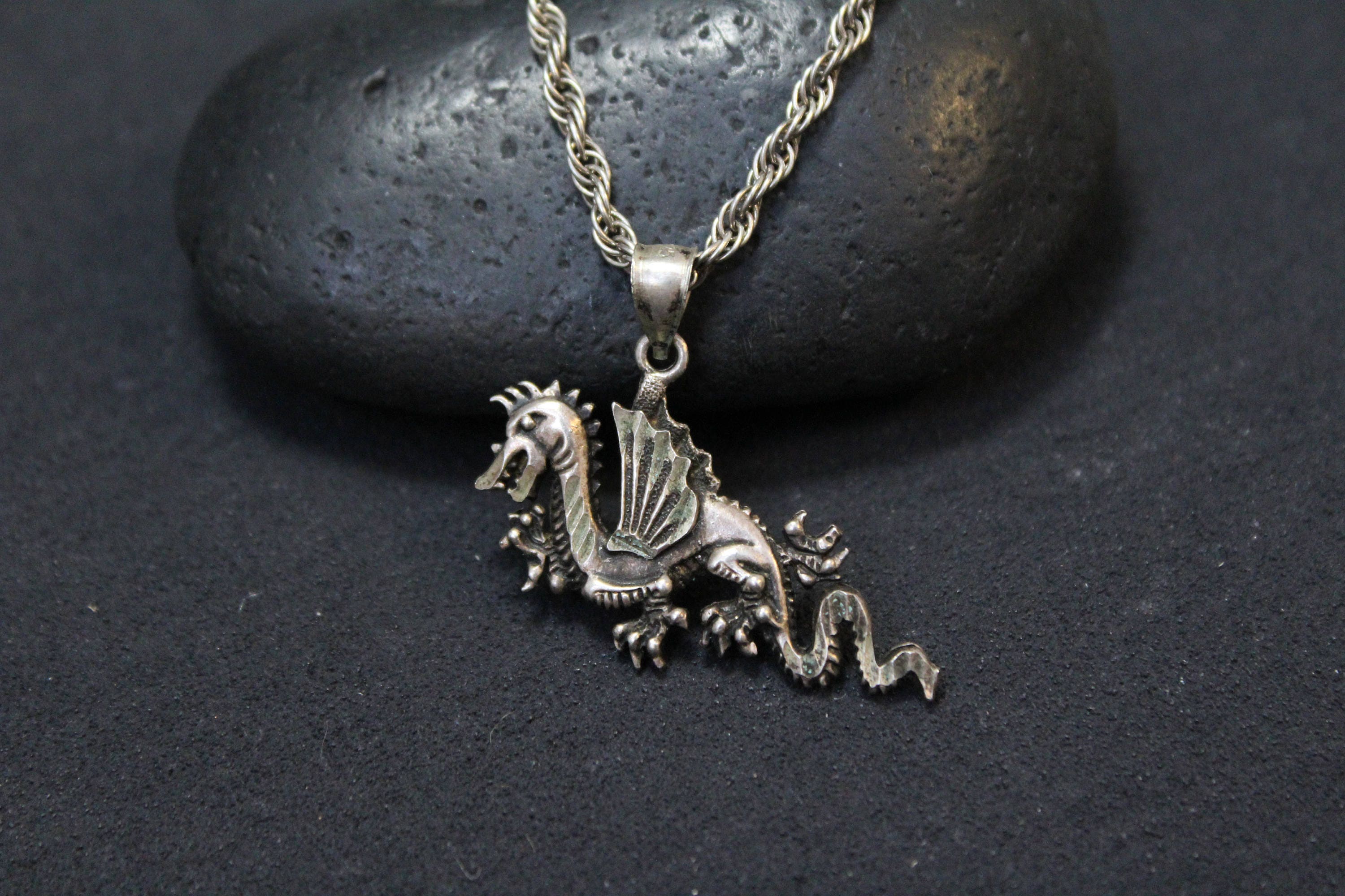 Sterling Silver Dragon Necklace, Sterling Silver Dragon Pendant, Long