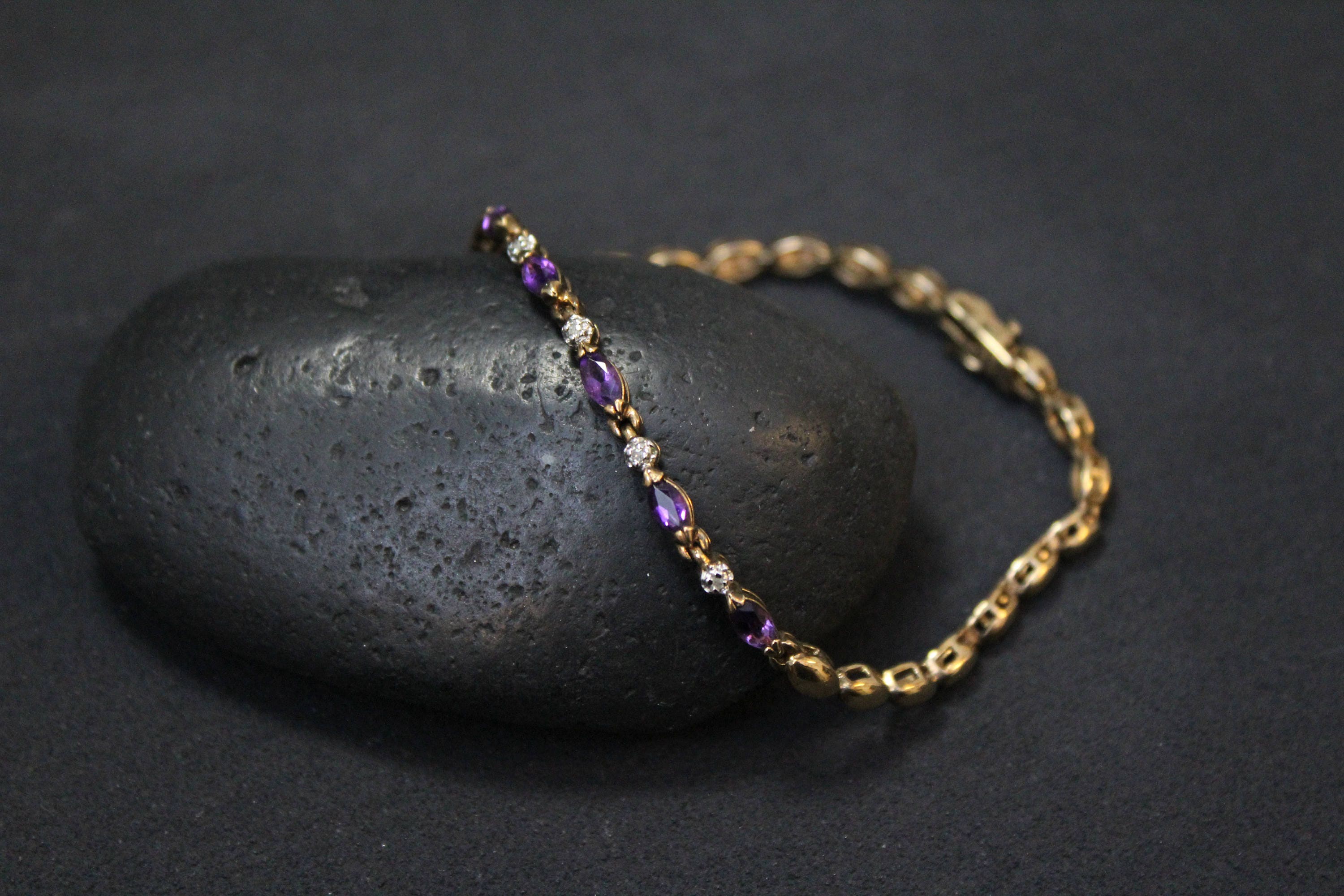 Gold Overlay Amethyst Link Bracelet, Gold Amethyst Bracelet, Amethyst