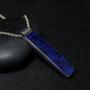 Sterling Silver Rectangular Blue Paua Shell Pendant on Long Rope Chain, Paua Shell Jewelry, Modernist Sterling Necklace, Long Necklace