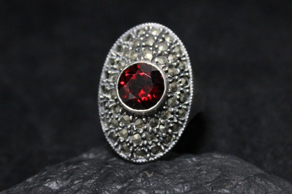 Sterling Silver Art Deco Marcasite and Garnet Coc… - image 2