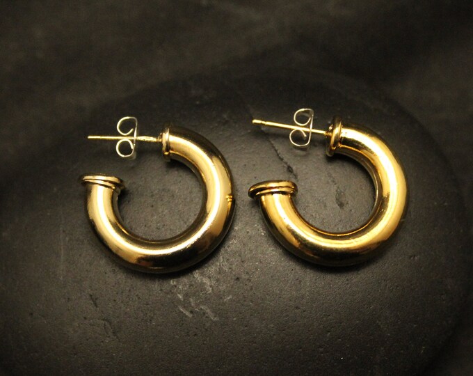 Gold Plated Sterling Silver Hoop Earrings, 3/4'' Drop Medium Size Vermeil Hoops