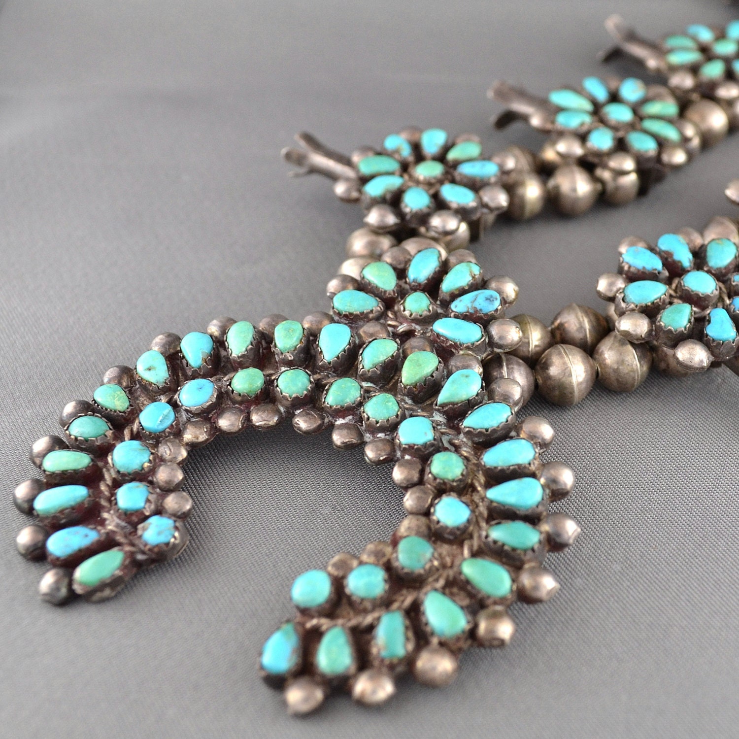 Sterling Silver Old Pawn Navajo Turquoise Squash Blossom Necklace