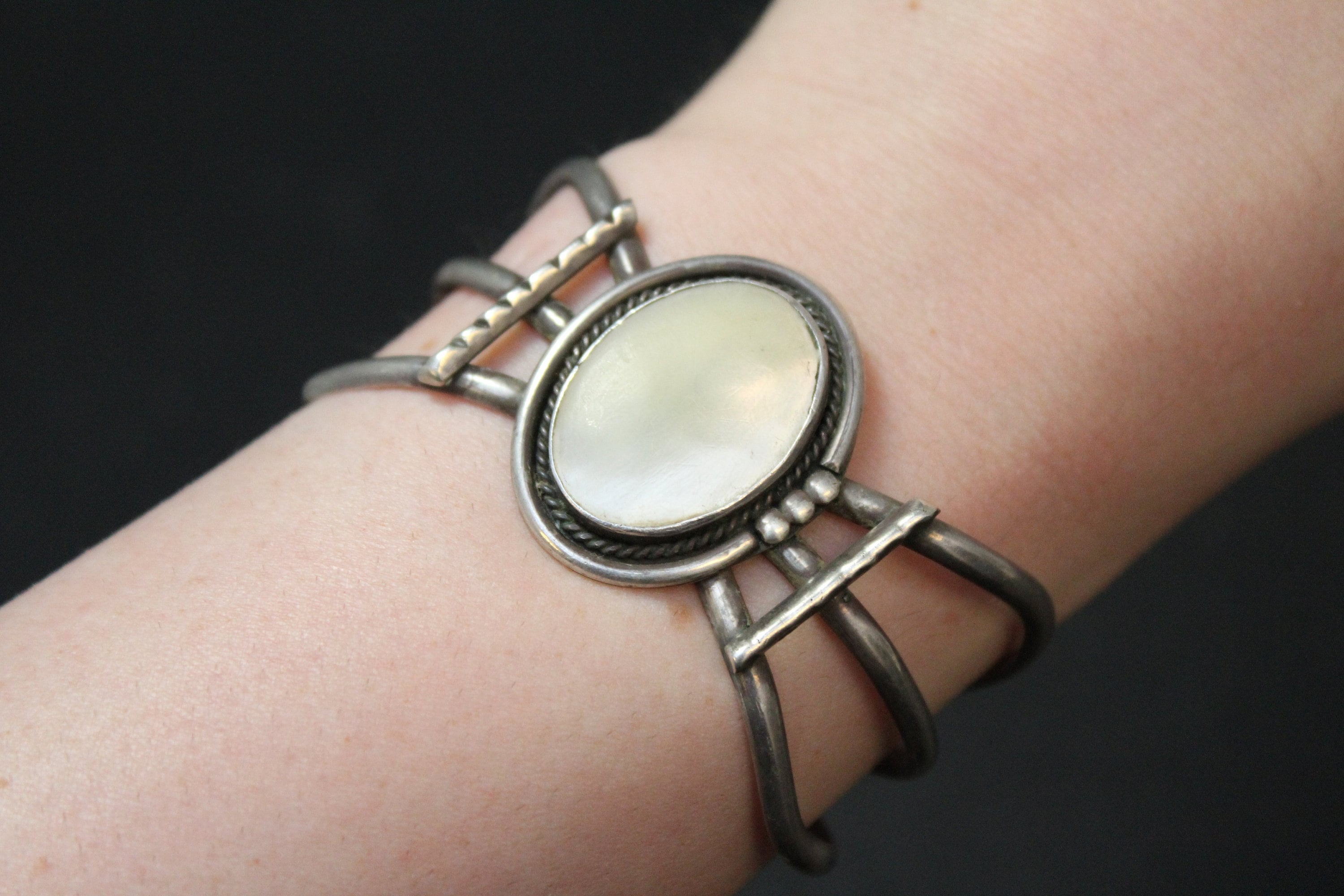 Sterling Silver Native American Mother of Pearl Cuff Bracelet, Native