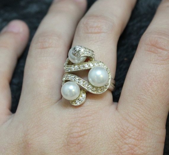 Sterling Silver Pearl and CZ Snake Ring, Sterling… - image 1